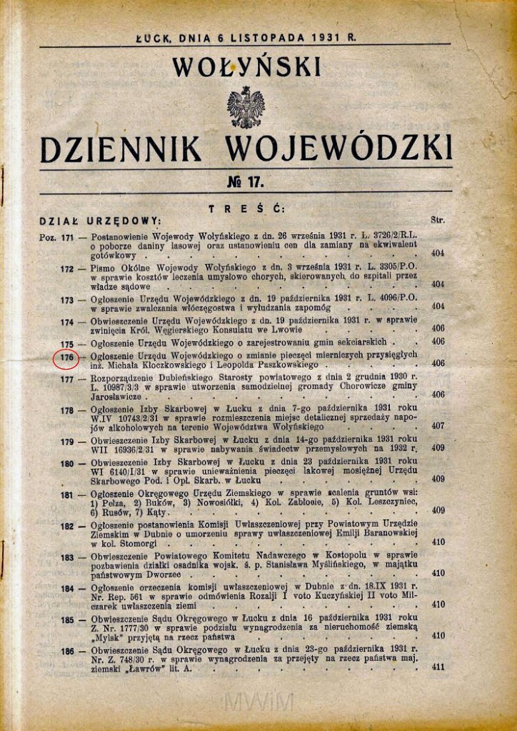 KKE 5949-2.jpg - Dok. Trzy karty z „Wołyńskiego Dziennika Urzędowego” potwierdzające działalność Leopolda Kleofasa Paszkowskiego, Łuck, 1929/1931 r.